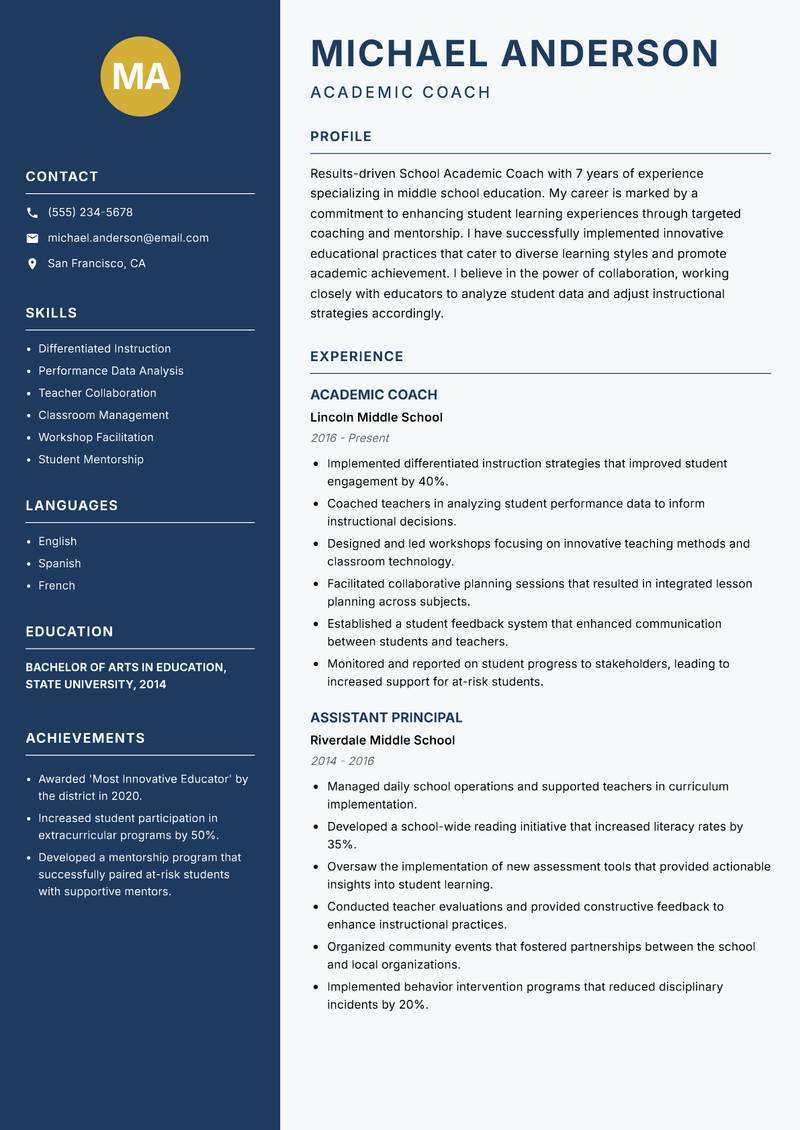 School Academic Coach resume sample — Academic Coach focus