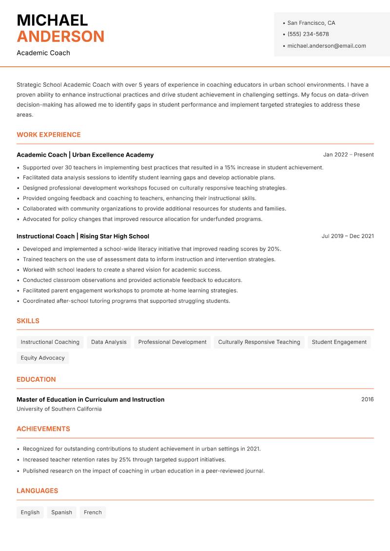 School Academic Coach resume sample — Academic Coach focus