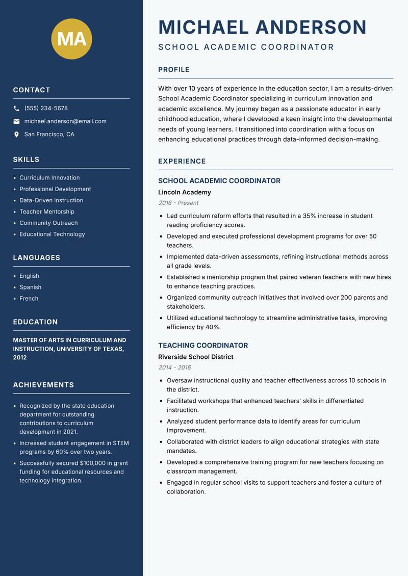 School Academic Coordinator resume sample — School Academic Coordinator focus