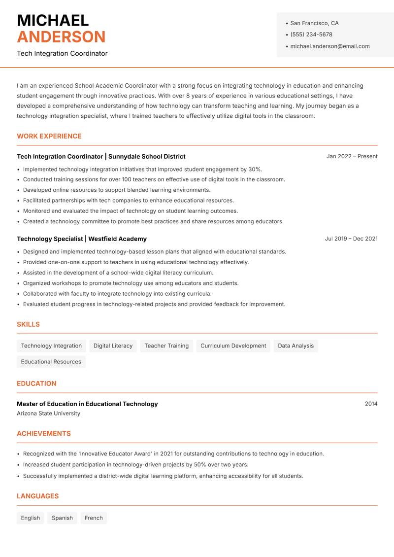 School Academic Coordinator resume sample — Tech Integration Coordinator focus