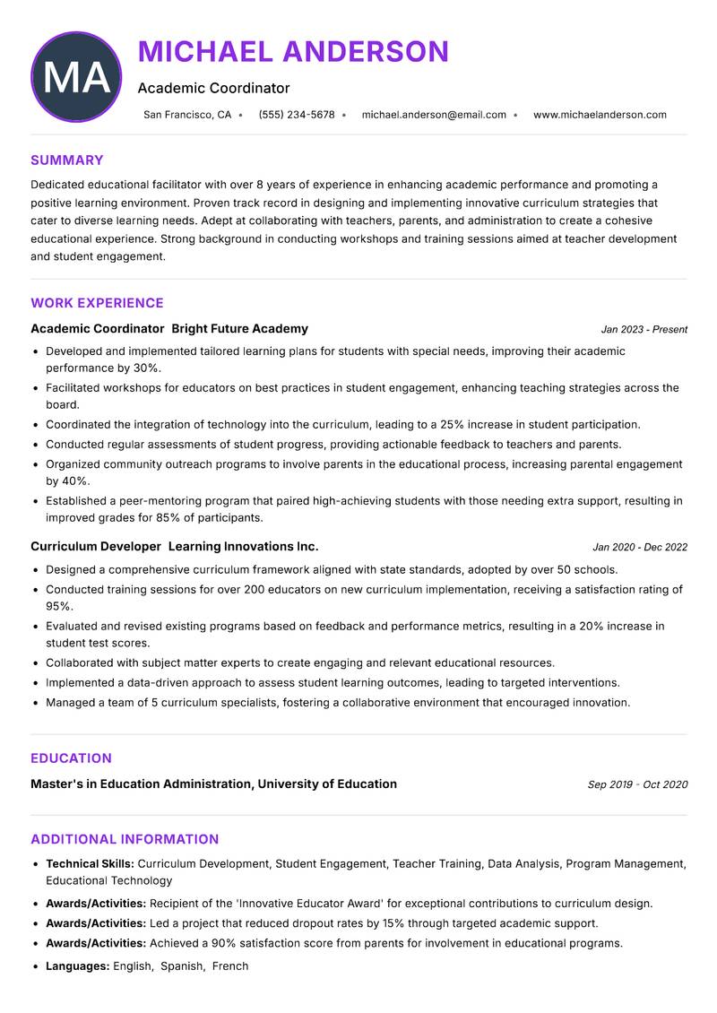 School Academic Facilitator resume example