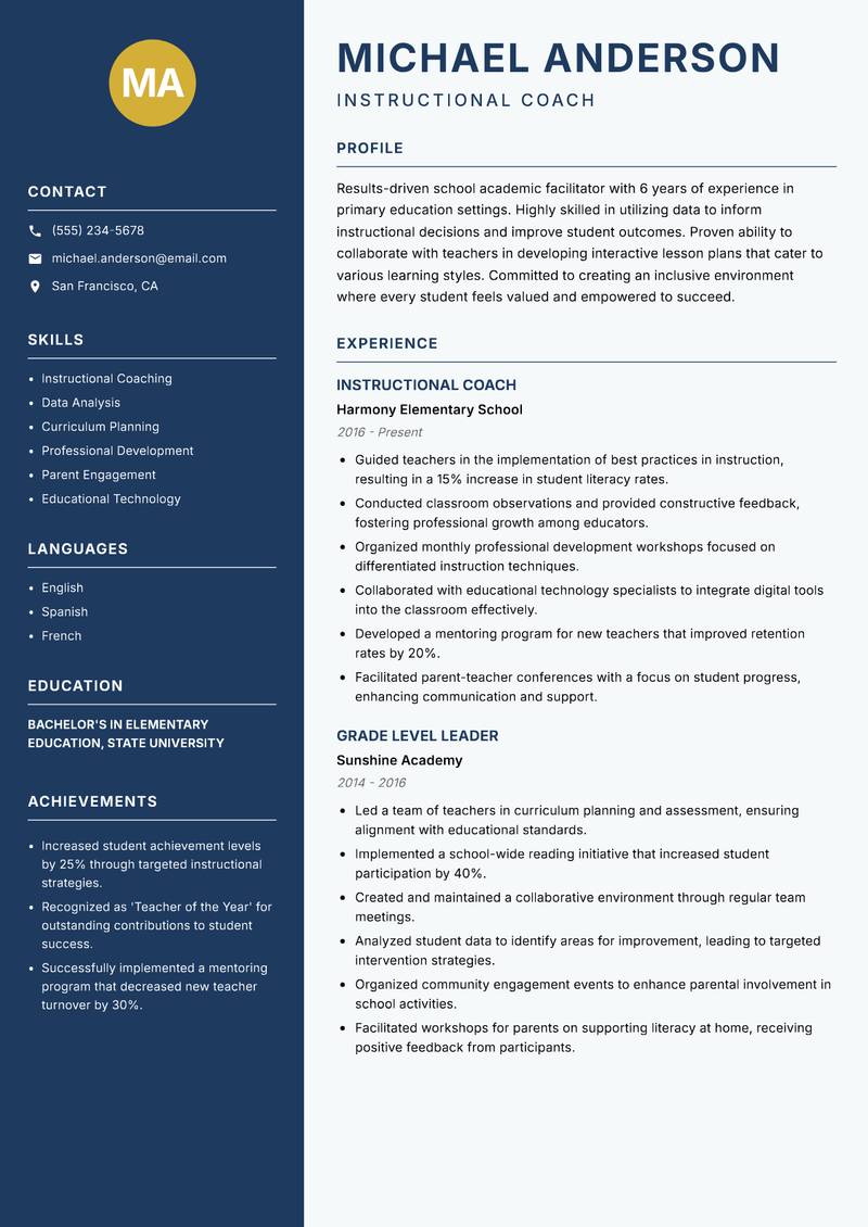 School Academic Facilitator resume sample — Instructional Coach focus