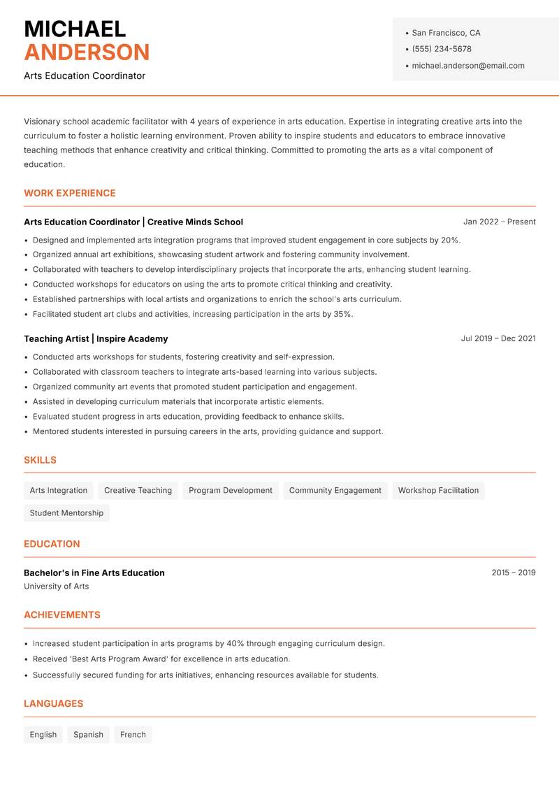 School Academic Facilitator resume sample — Arts Education Coordinator focus