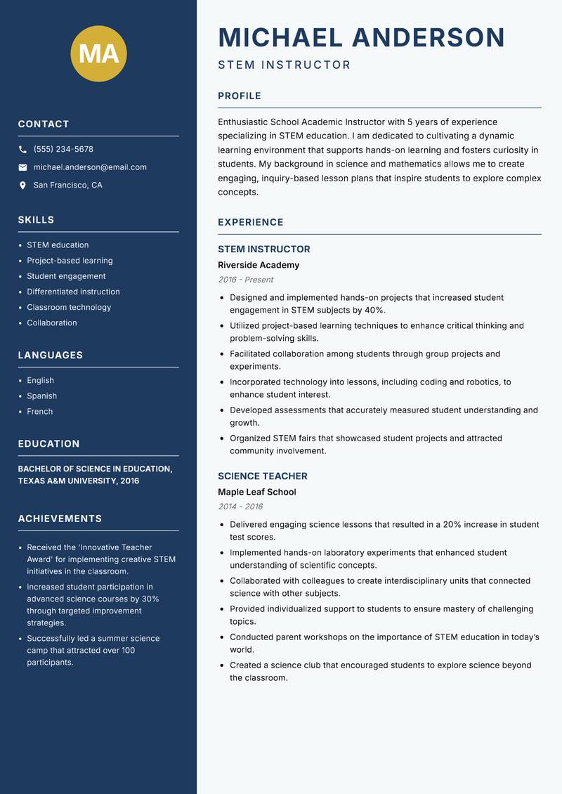 School Academic Instructor resume sample — STEM Instructor focus