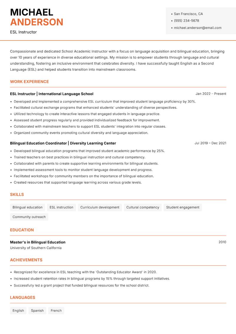 School Academic Instructor resume sample — ESL Instructor focus