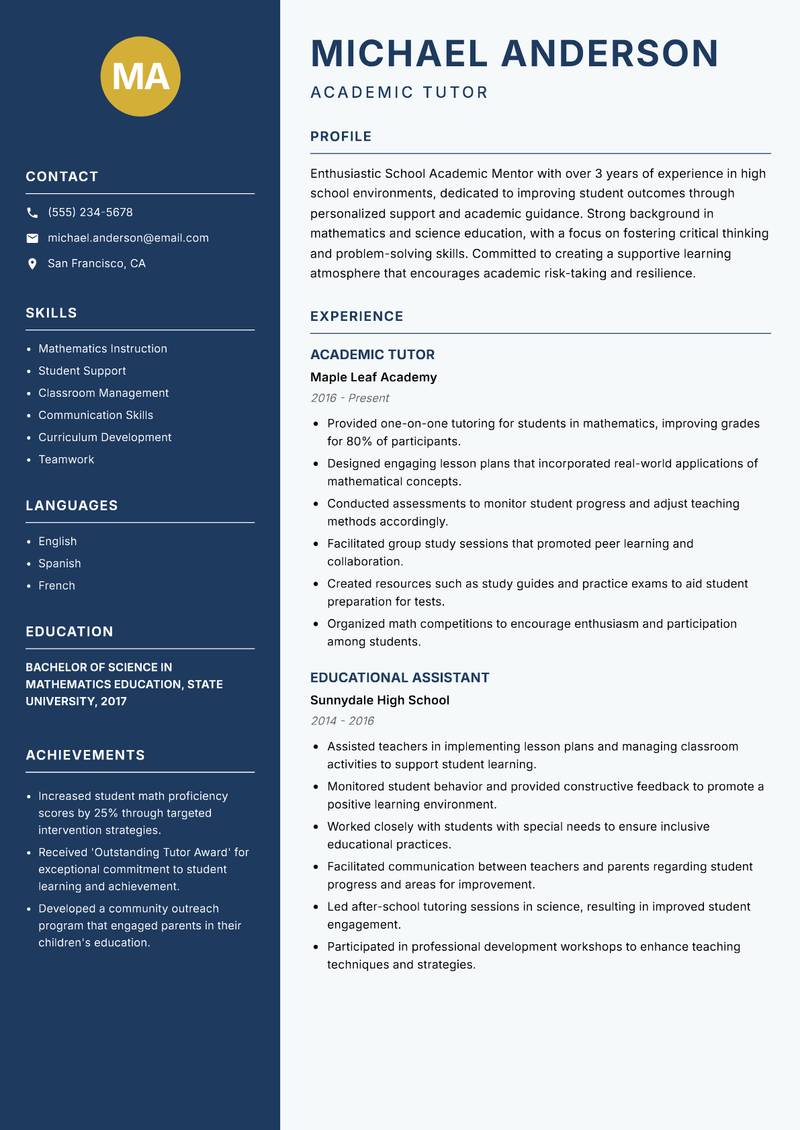 School Academic Mentor resume sample — Academic Tutor focus