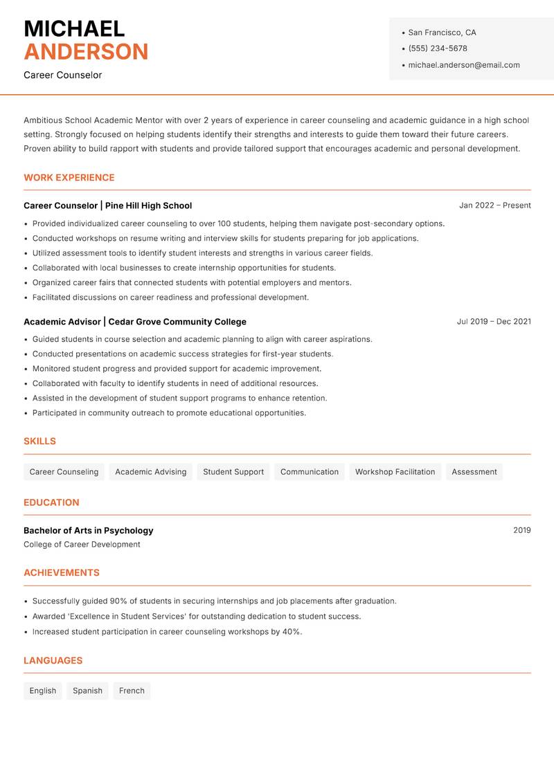 School Academic Mentor resume sample — Career Counselor focus