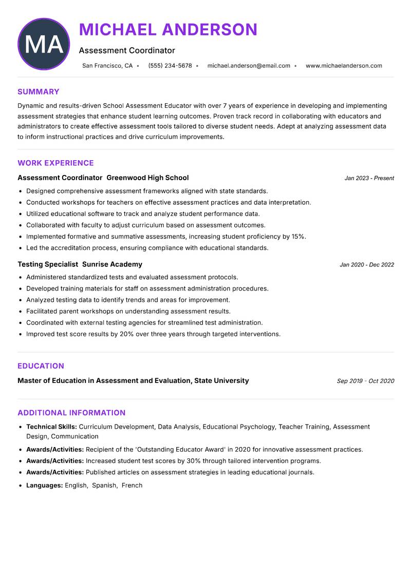 School Assessment Educator resume example