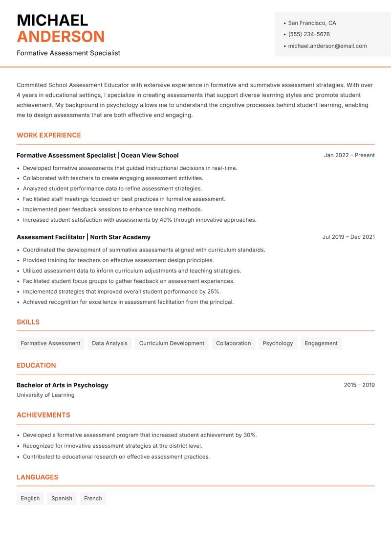 School Assessment Educator resume sample — Formative Assessment Specialist focus