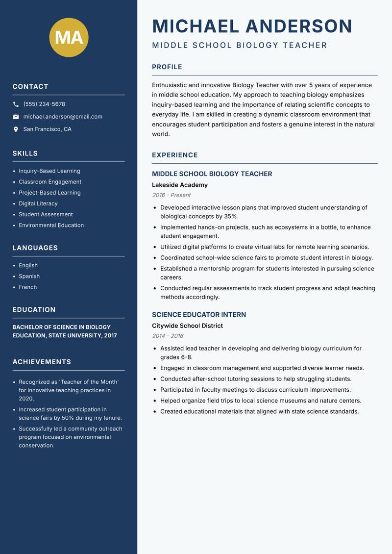 School Biology Teacher resume sample — Middle School Biology Teacher focus