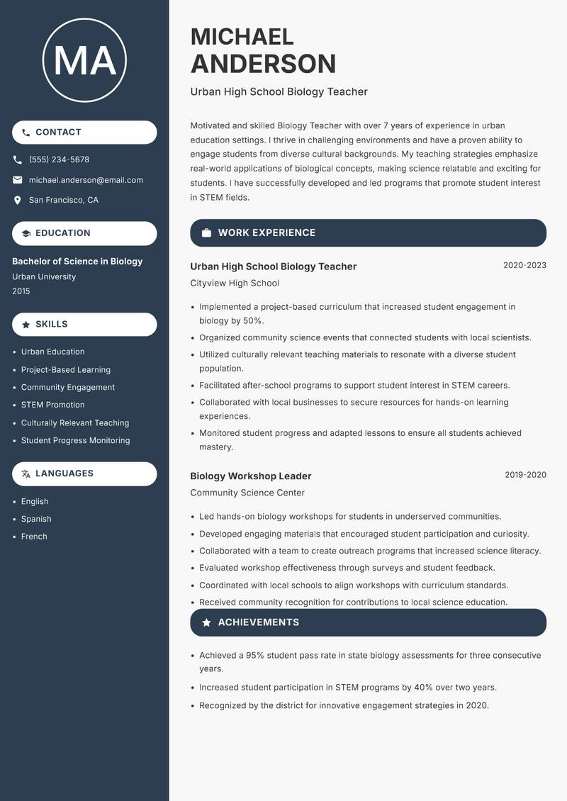 School Biology Teacher resume sample — Urban High School Biology Teacher focus