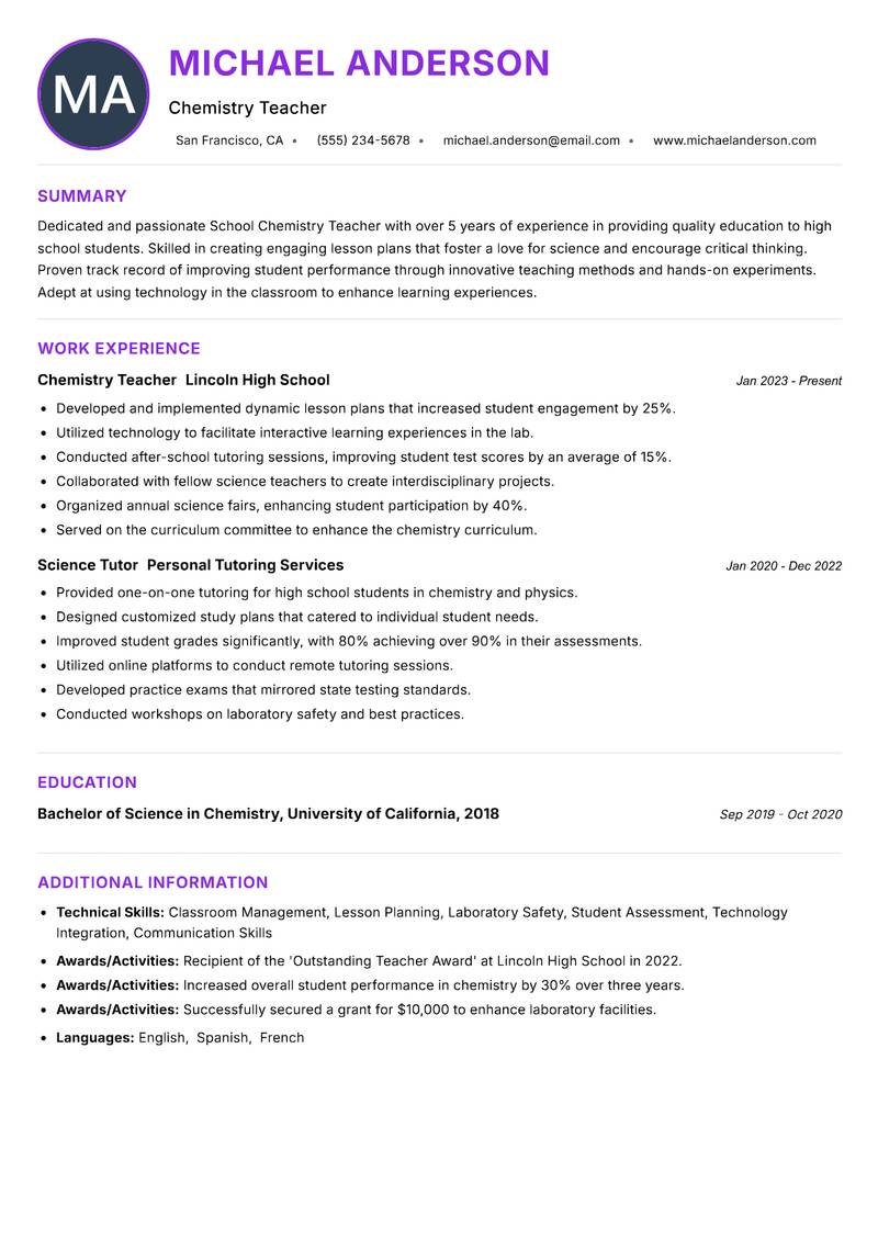School Chemistry Teacher resume example