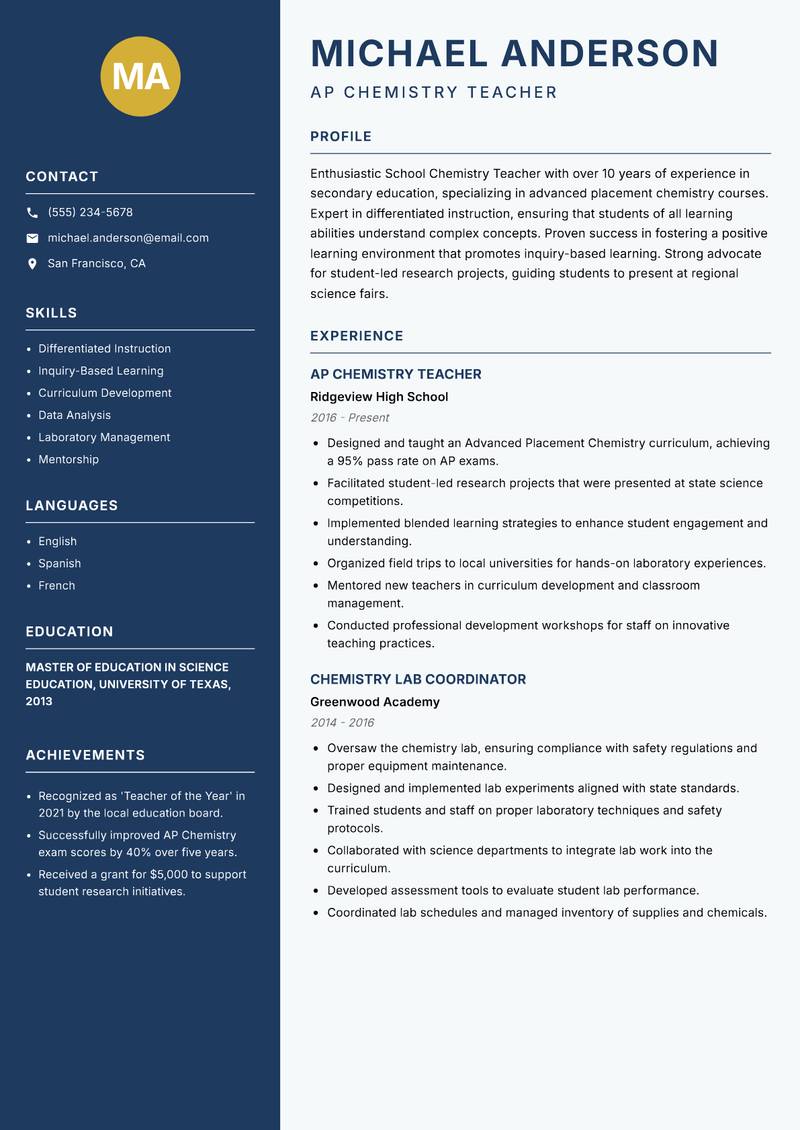 School Chemistry Teacher resume sample — AP Chemistry Teacher focus