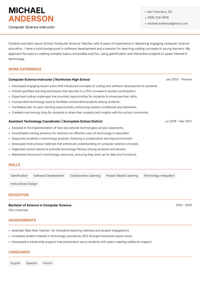 School Computer Science Teacher resume sample — Computer Science Instructor focus