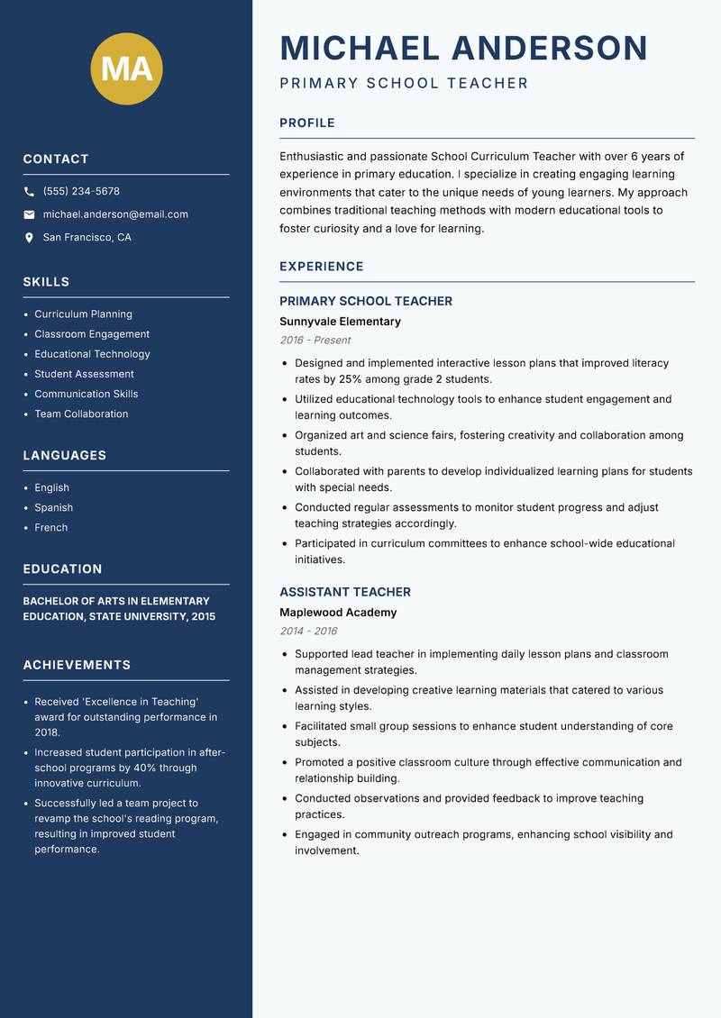 School Curriculum Teacher resume sample — Primary School Teacher focus