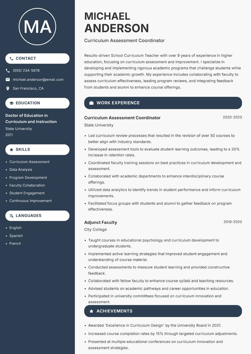 School Curriculum Teacher resume sample — Curriculum Assessment Coordinator focus