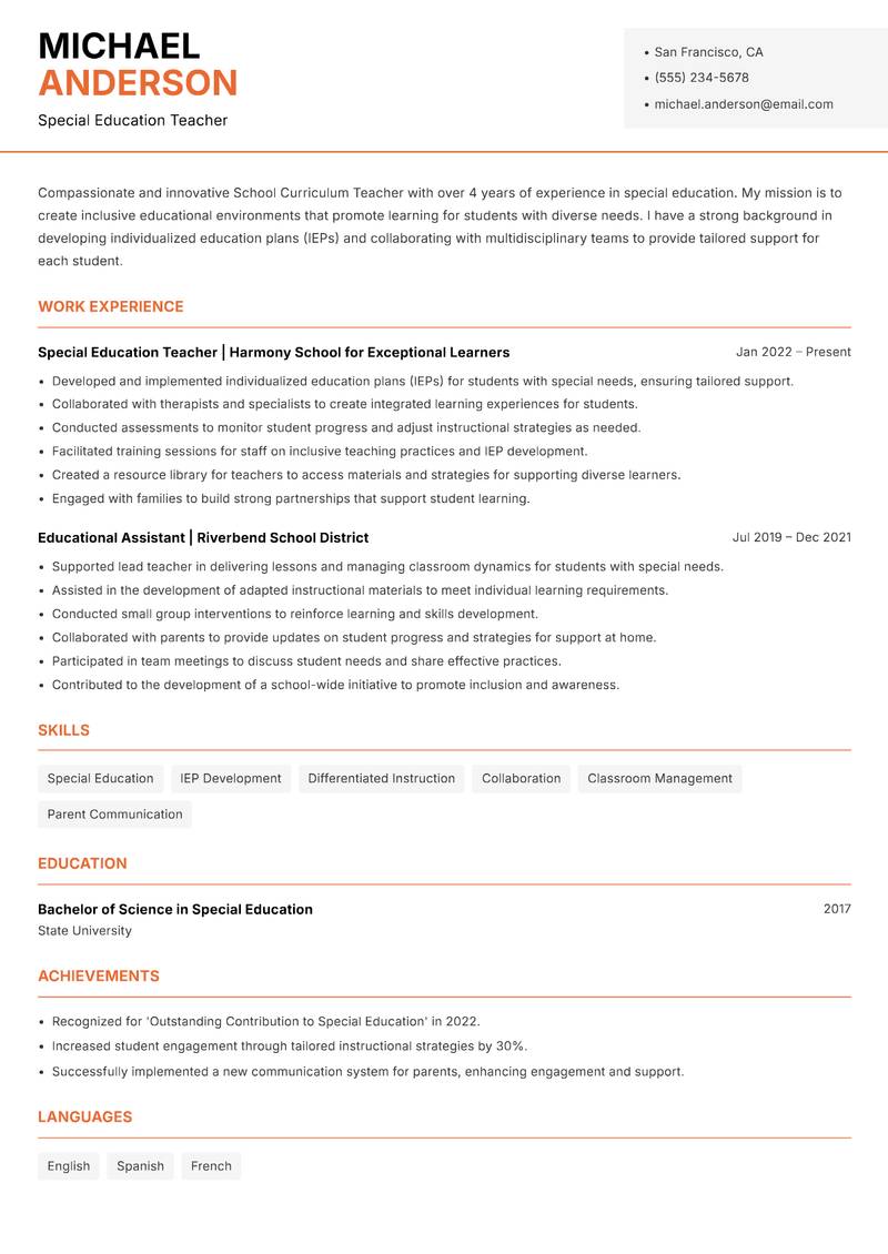 School Curriculum Teacher resume sample — Special Education Teacher focus