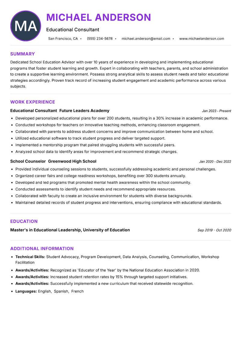 School Education Advisor resume example