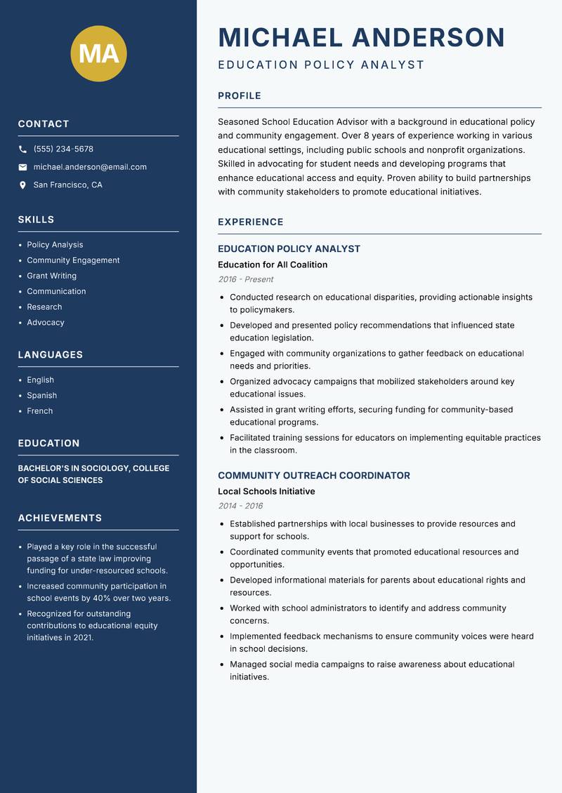 School Education Advisor resume sample — Education Policy Analyst focus
