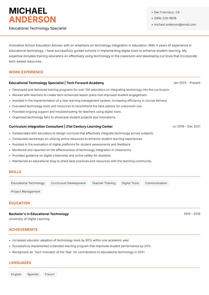 School Education Advisor resume sample — Educational Technology Specialist focus