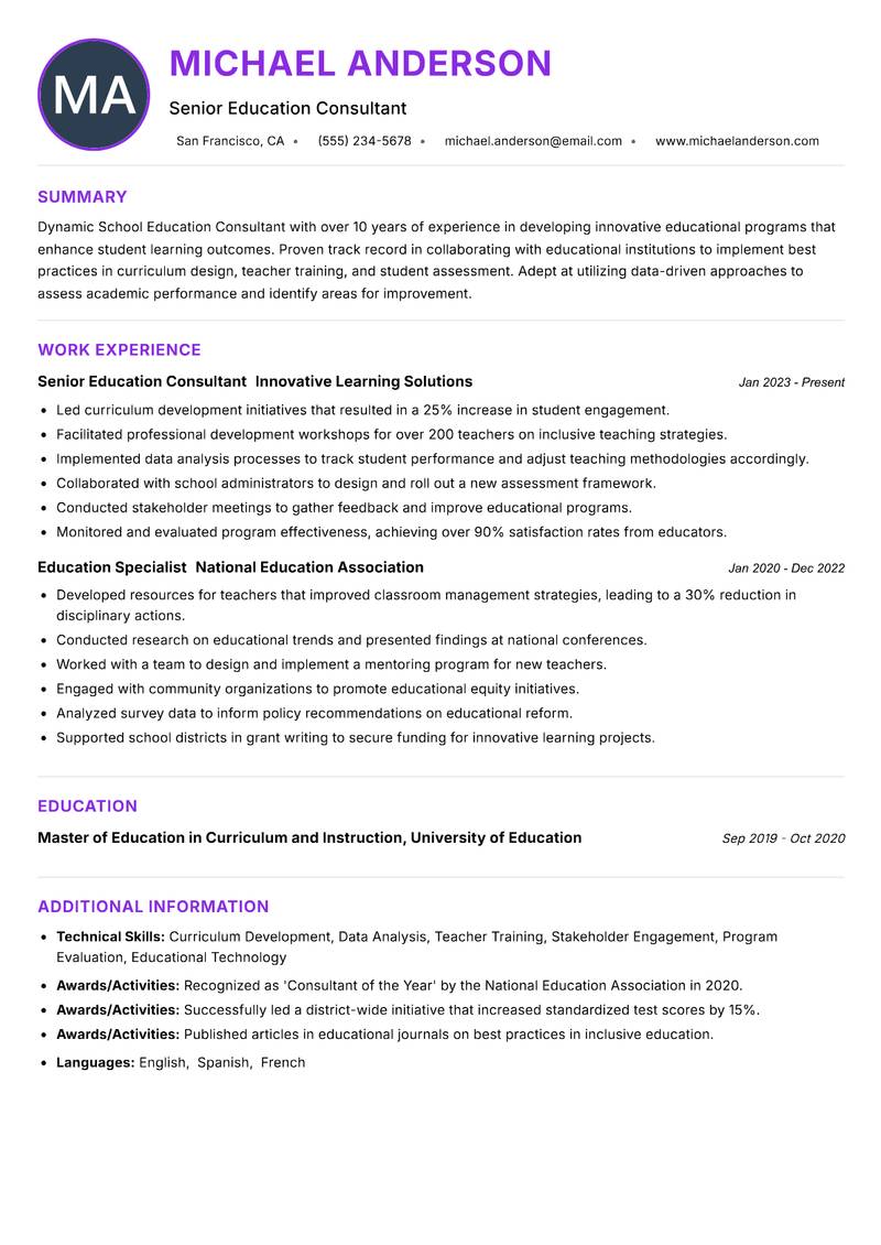 School Education Consultant resume example