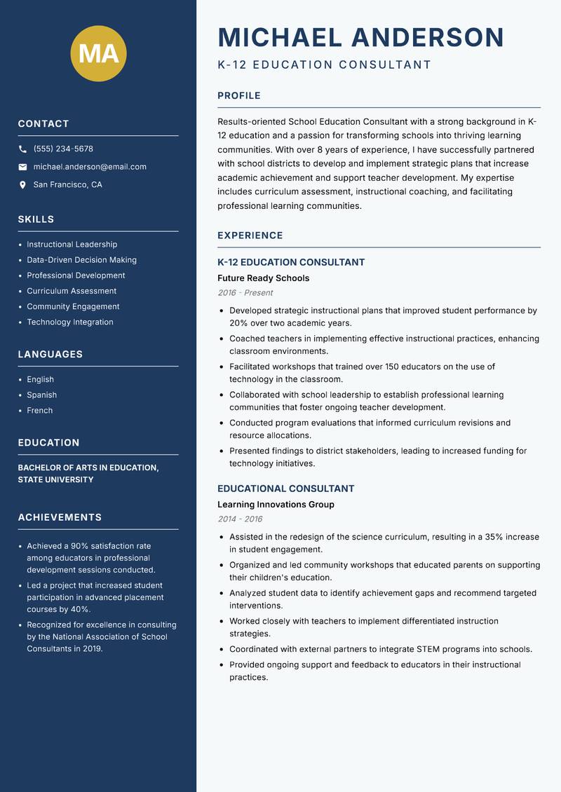 School Education Consultant resume sample — K-12 Education Consultant focus