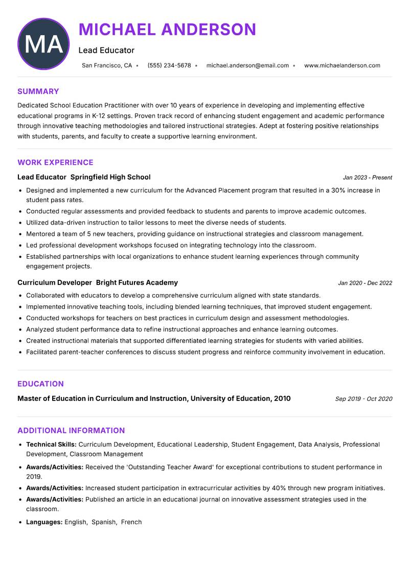 School Education Practitioner resume example