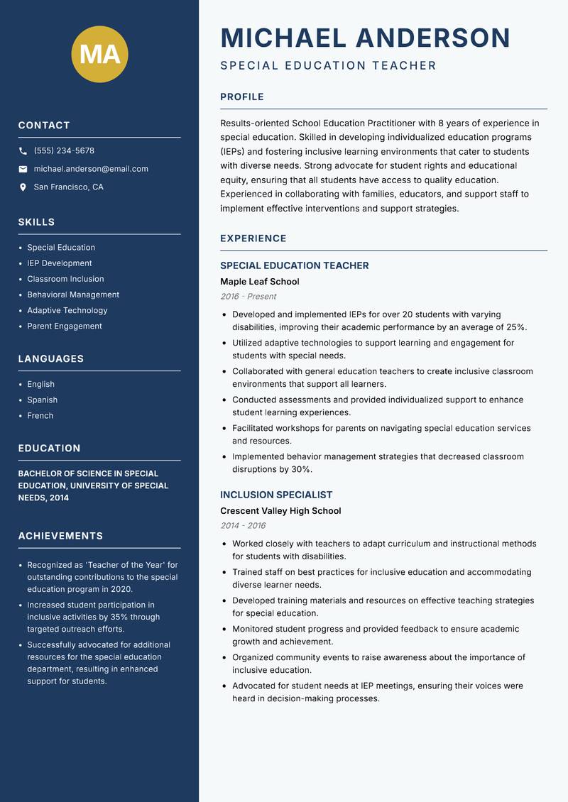 School Education Practitioner resume sample — Special Education Teacher focus