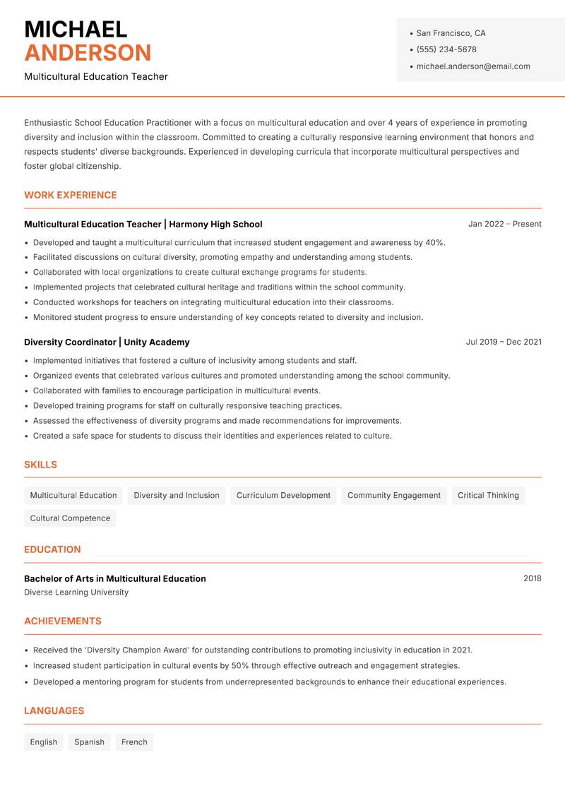 School Education Practitioner resume sample — Multicultural Education Teacher focus