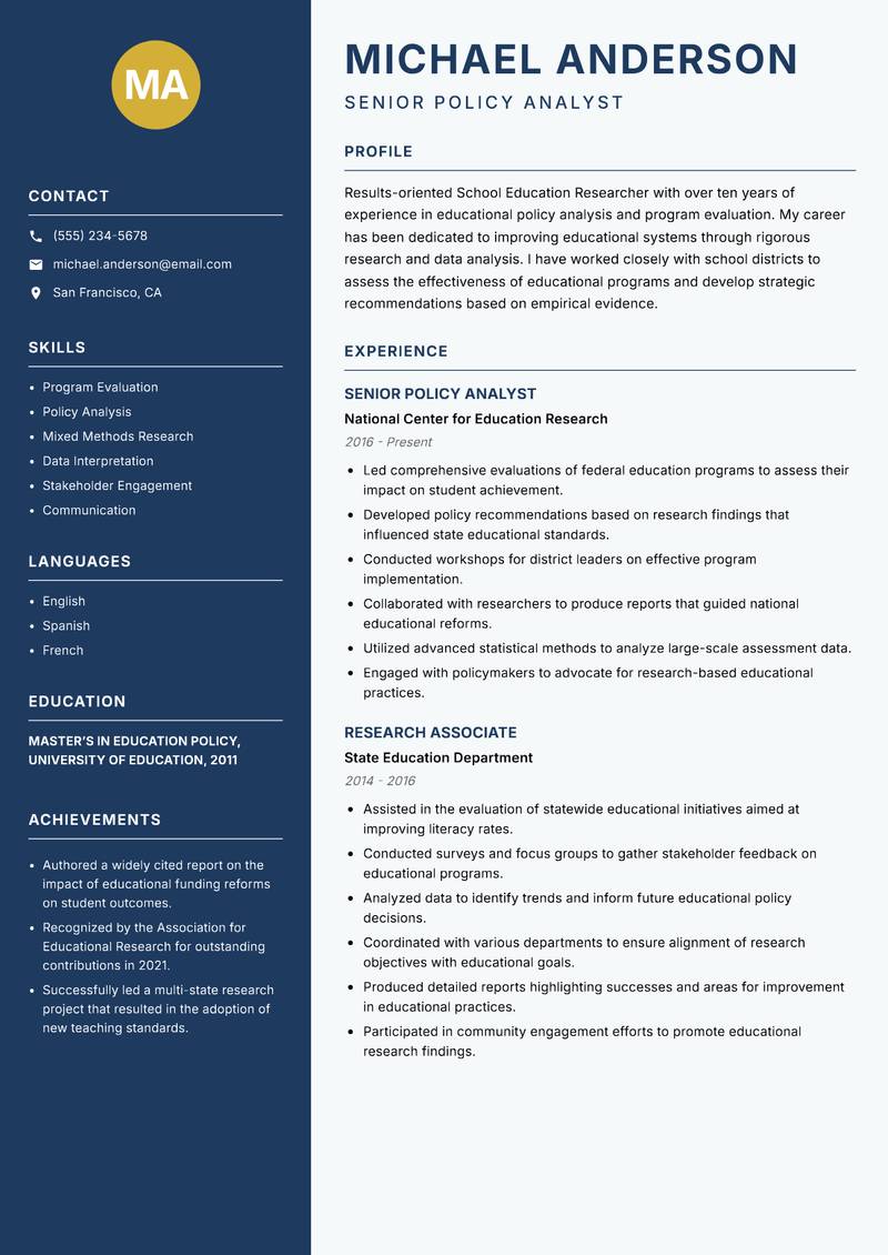 School Education Researcher resume sample — Senior Policy Analyst focus