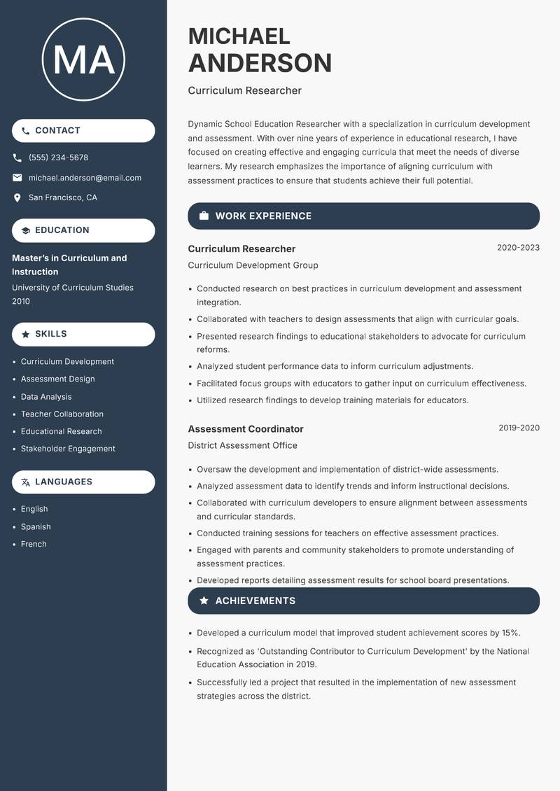 School Education Researcher resume sample — Curriculum Researcher focus