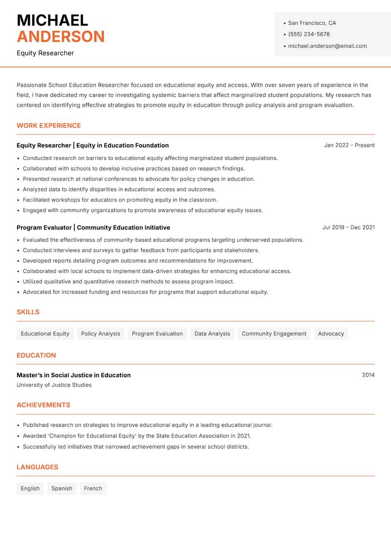 School Education Researcher resume sample — Equity Researcher focus