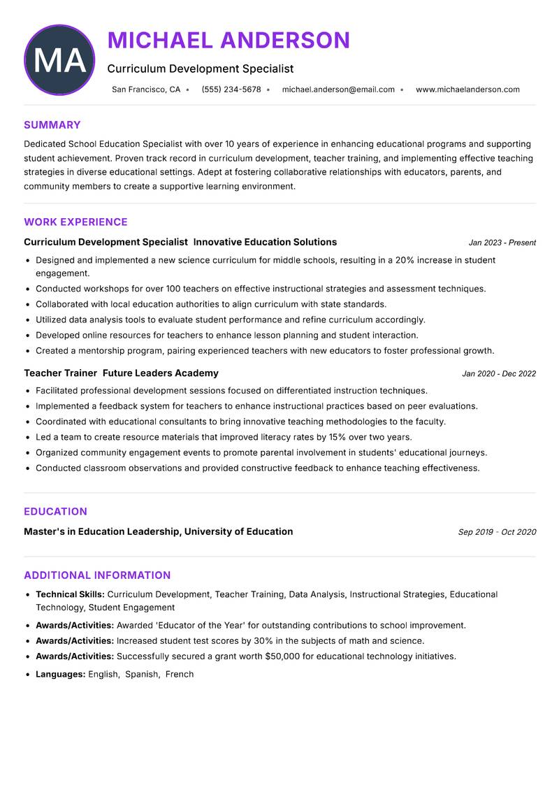 School Education Specialist resume example