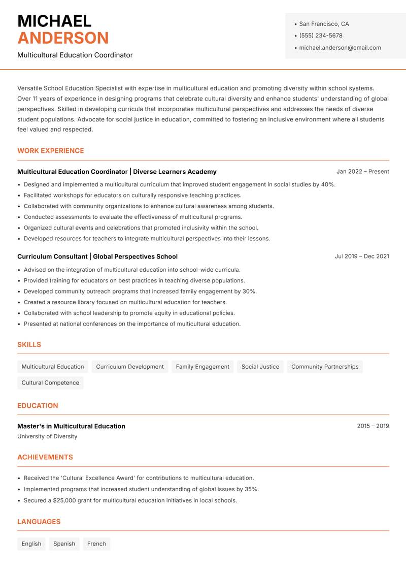 School Education Specialist resume sample — Multicultural Education Coordinator focus