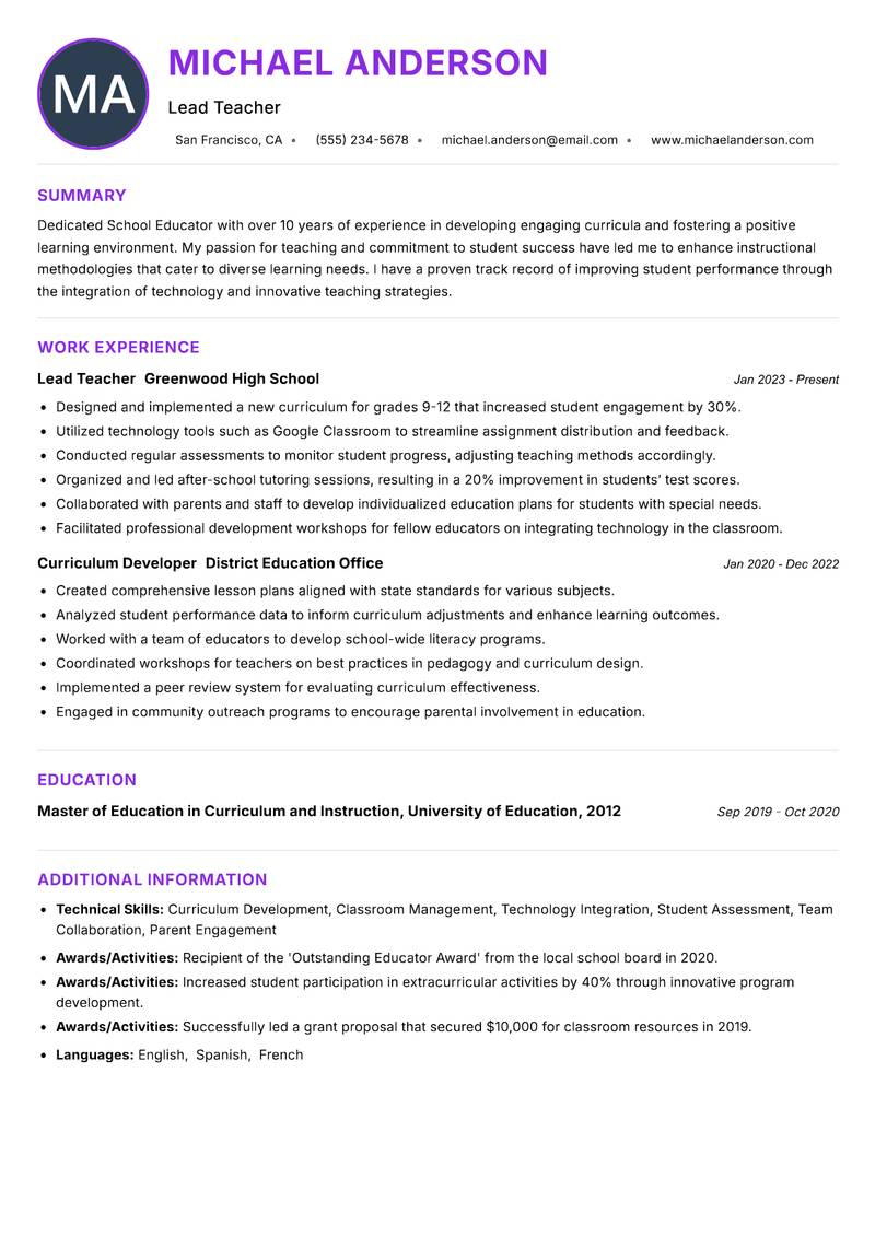 School Educator resume example