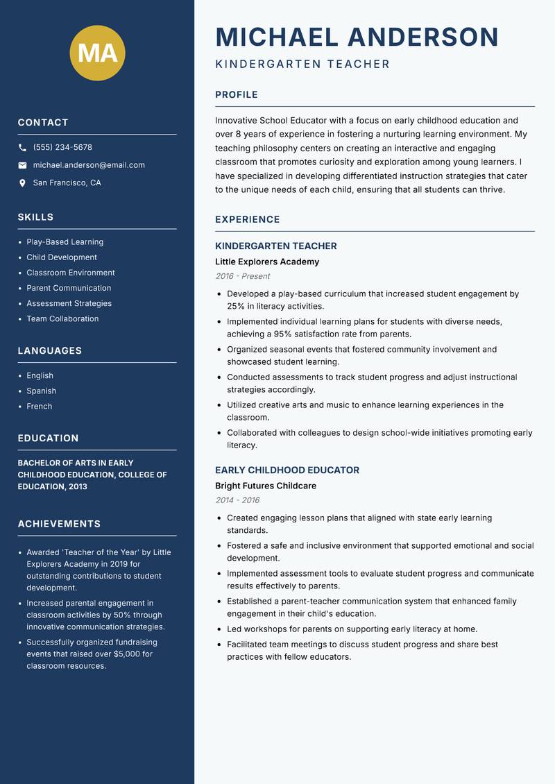 School Educator resume sample — Kindergarten Teacher focus