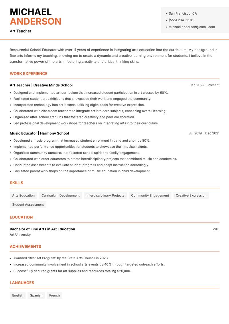 School Educator resume sample — Art Teacher focus