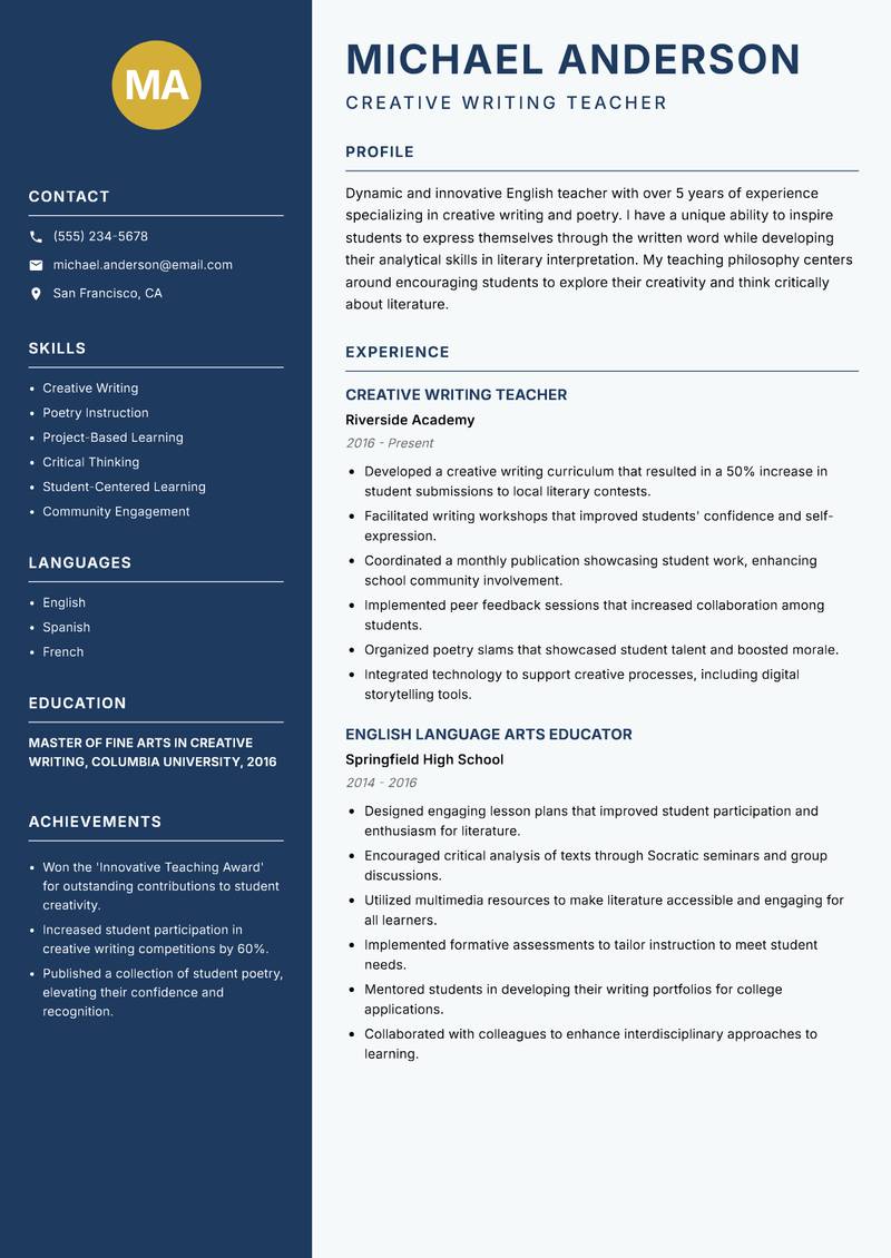School English Teacher resume sample — Creative Writing Teacher focus