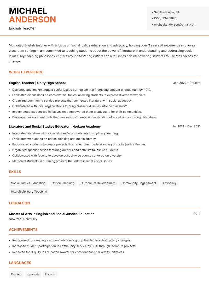School English Teacher resume sample — English Teacher focus