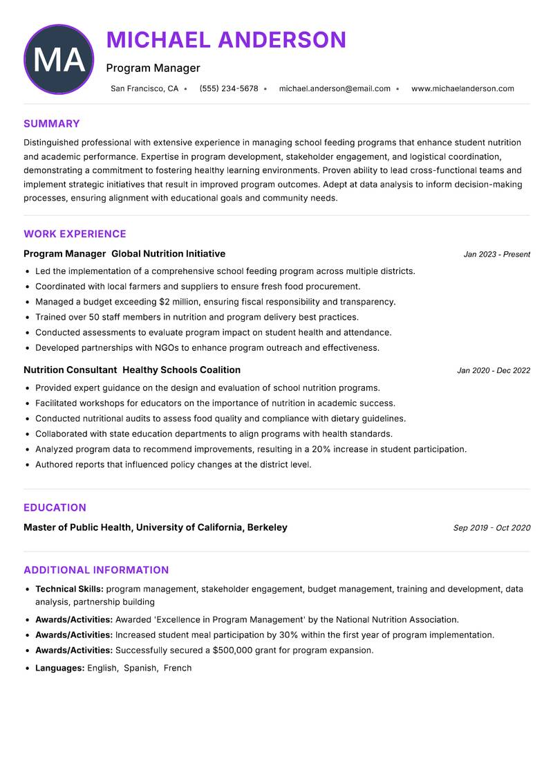 School Feeding Program Coordinator resume example