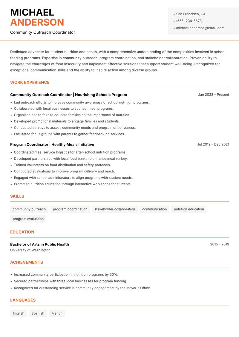 School Feeding Program Coordinator resume sample — Community Outreach Coordinator focus