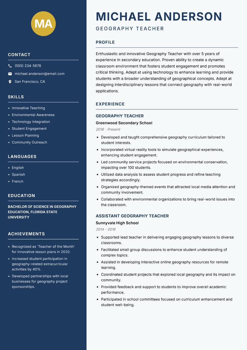 School Geography Teacher resume sample — Geography Teacher focus