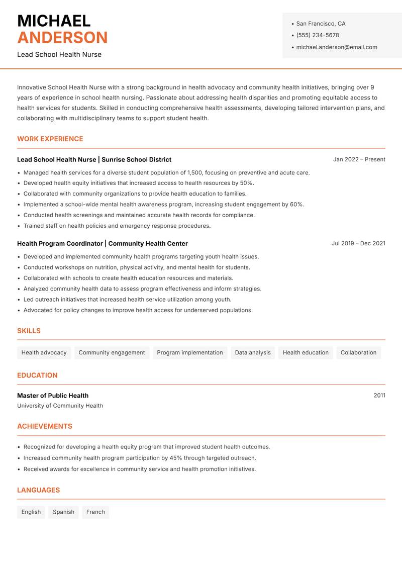 School Health Nurse resume sample — Lead School Health Nurse focus