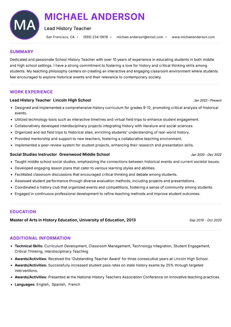 School History Teacher resume example