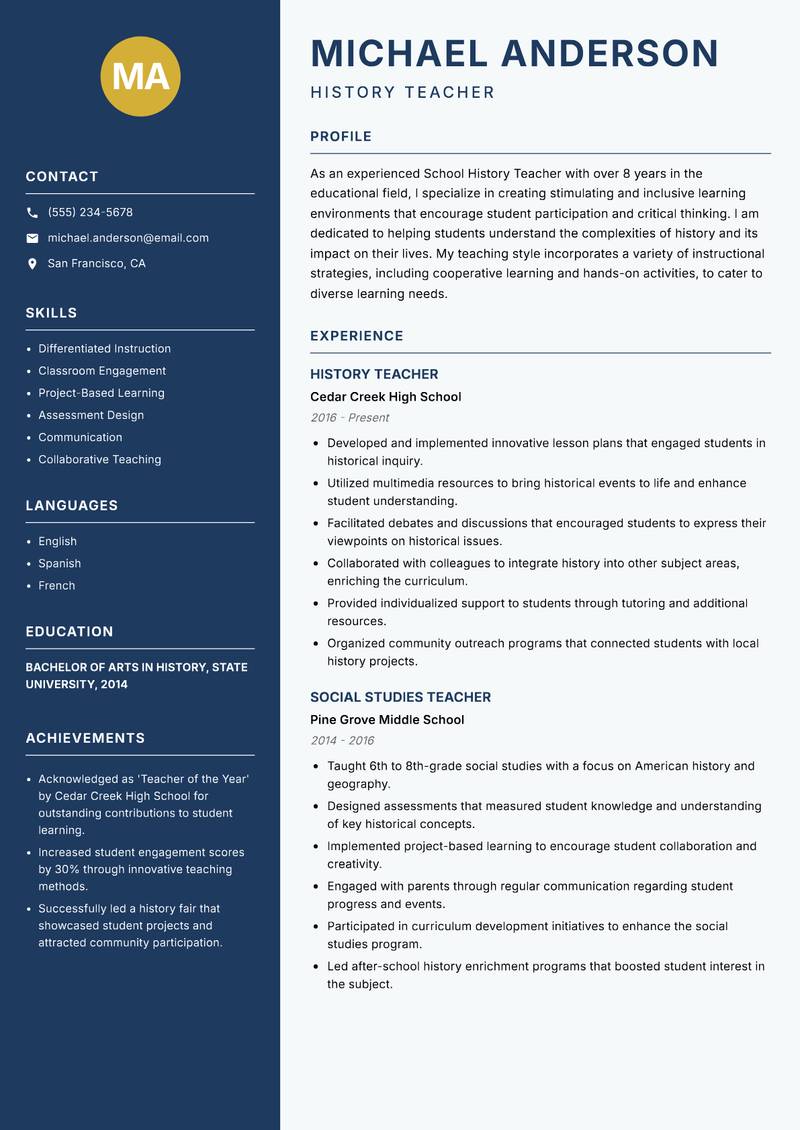 School History Teacher resume sample — History Teacher focus