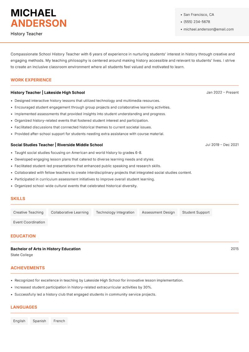 School History Teacher resume sample — History Teacher focus