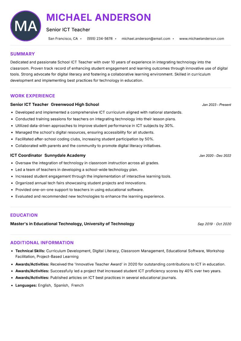 School ICT Teacher resume example
