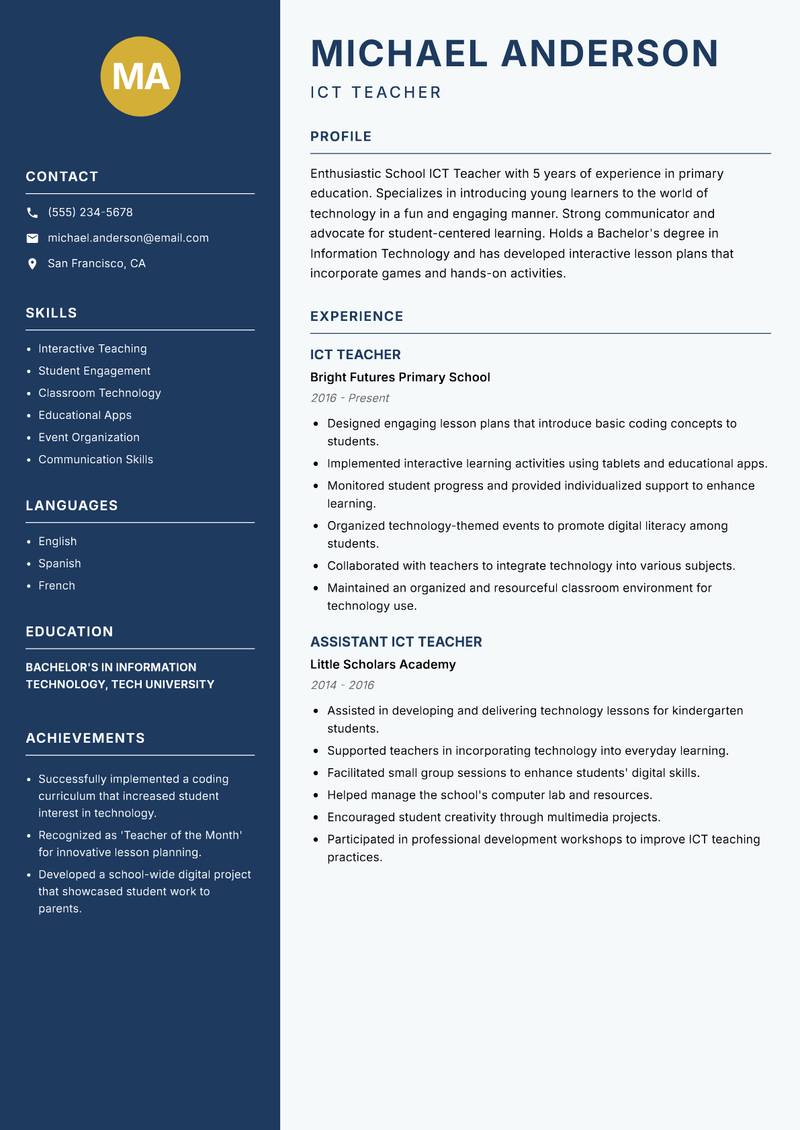 School ICT Teacher resume sample — ICT Teacher focus