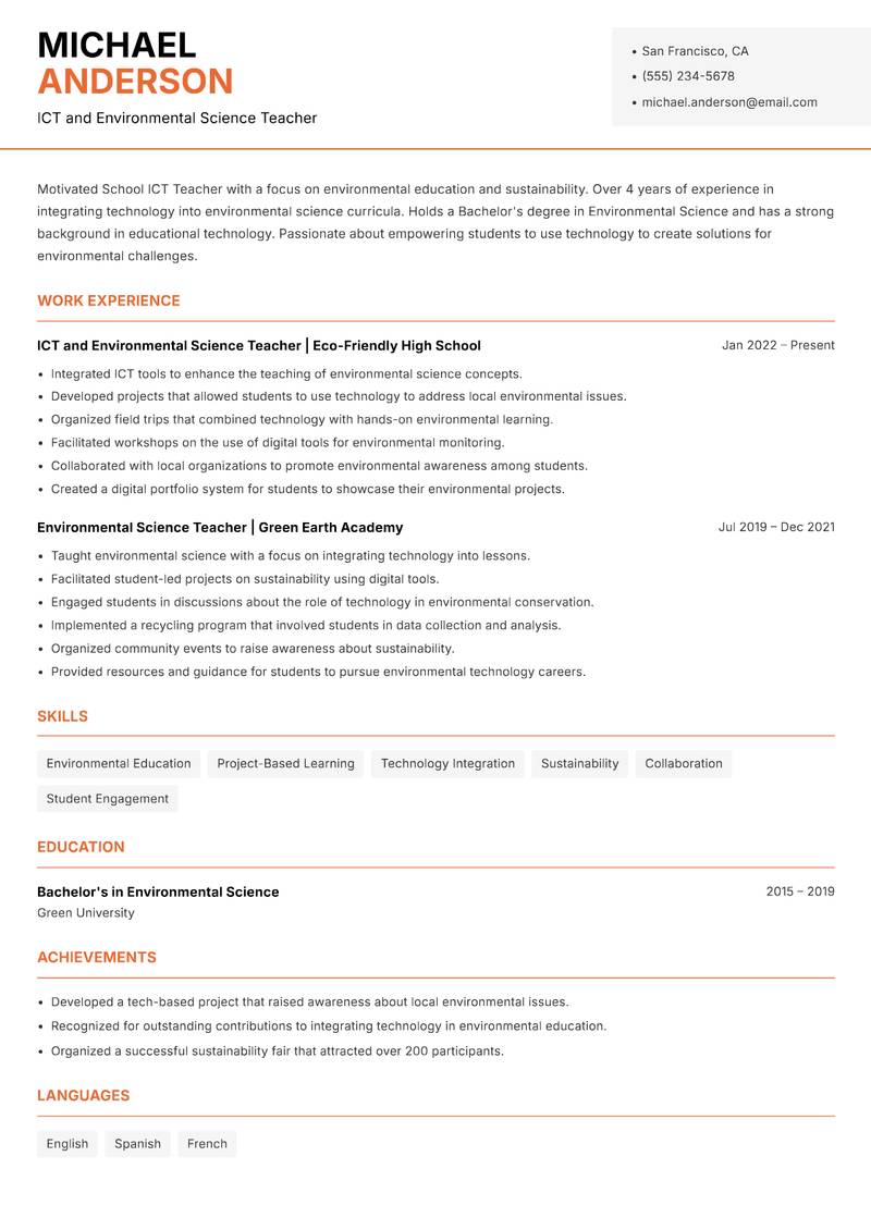 School ICT Teacher resume sample — ICT and Environmental Science Teacher focus