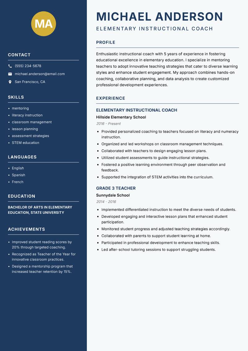 School Instructional Coach resume sample — Elementary Instructional Coach focus